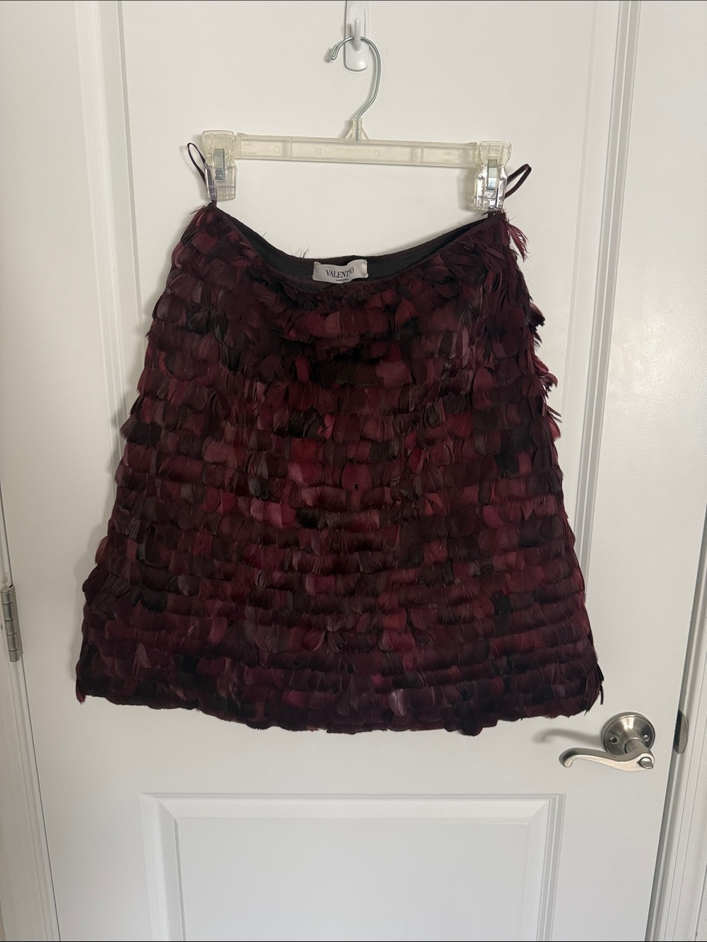 Valentino Wine Feather-Trim A-Line Skirt